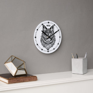 Relógio Redondo Gato Ornamental Monograma Personalizado