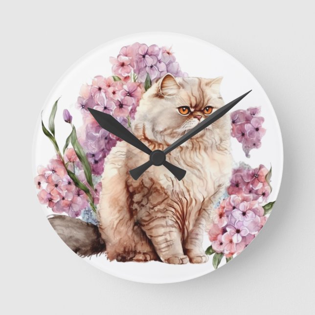 RELÓGIO REDONDO GATO PERSO DE ÁGUA COM FLORES DE TINTA (Frente)