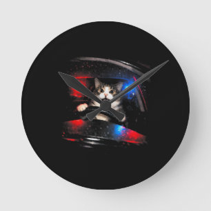 Relógio Redondo Gato Polícia Engraçado Dirigindo Carro Meme de Gat