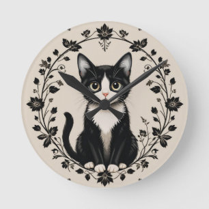 Relógio Redondo Gato Preto e Branco Elegante
