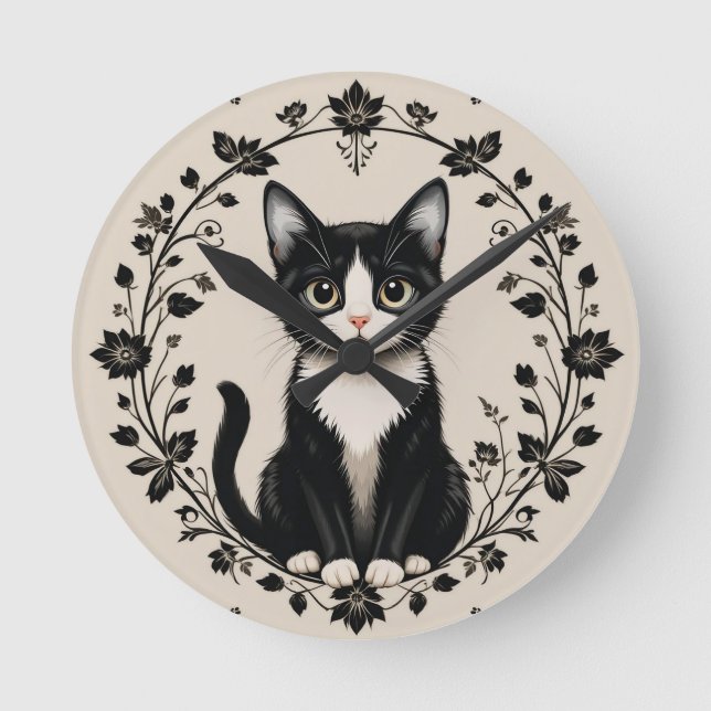 Relógio Redondo Gato Preto e Branco Elegante (Frente)