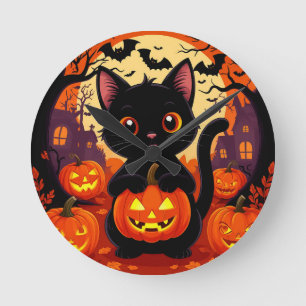 Relógio Redondo Gato Preto Fofo com Abóboras de Halloween