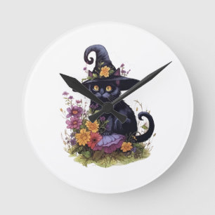 Relógio Redondo gato preto vestindo chapéu de cowboy com flores