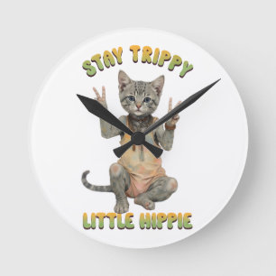 Relógio Redondo Gato Tabby Cinza Boho Fique Tripudo Pequeno Hippie