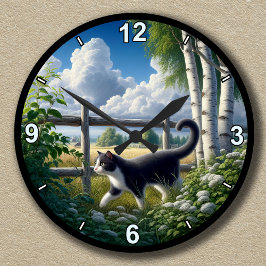 Relógio Redondo Gato Tuxedo do Campo Personalizável Explorando
