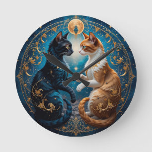 Relógio Redondo Gatos Celestiais em Arte Cósmica com Ouro e Azul