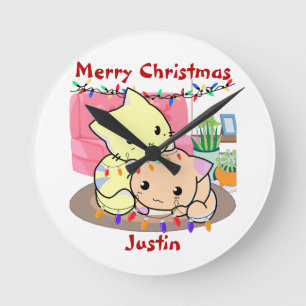 Relógio Redondo Gatos de natal no tapete, nome personalizado