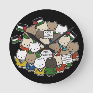 Relógio Redondo Gatos pela Palestina – Gatos Kawaii pela Justiça