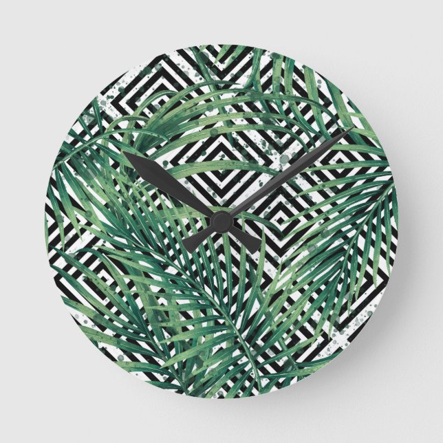 Relógio Redondo Geometria tropical a preto e branco (Frente)