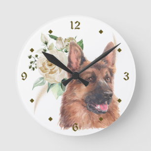 Relógio Redondo German shepherd Cão Branco Buquê Redondo De Rosa