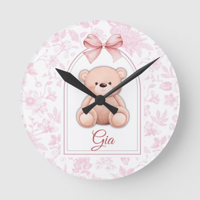Relógio Redondo Gia | Design Personalizado de Berçário com Ursinho (Frente)