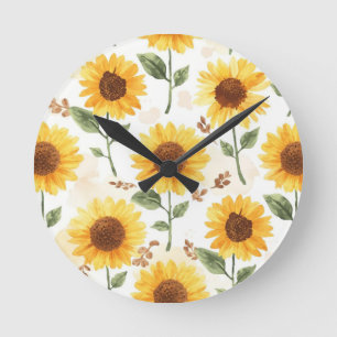 Relógio Redondo Girassóis Amarelos Aquarela Floral Caprichoso