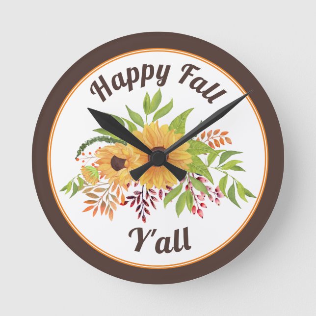 Relógio Redondo Girassóis e bagas de água Feliz outono Vocês todos (Frente)