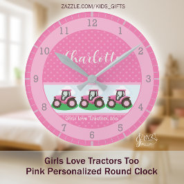 Relógio Redondo Girls Love Tractors Pink Personalized Farm Design