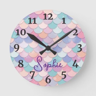 Relógio Redondo Girls Mermaid Personalizado Name Clock
