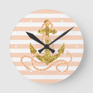 Relógio Redondo Girly Faux Glitter Anchor