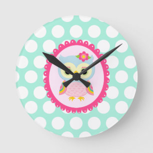 Relógio Redondo Girly Pink Owl Flower & Rainbow Aqua Polka Dots