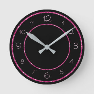 Relógio Redondo Glamoroso e Cor-de-Rosa Glitter em Preto