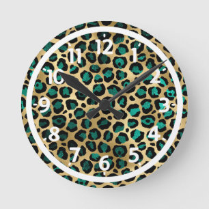 Relógio Redondo Glamour em Estampa de Leopardo Dourado e Azul