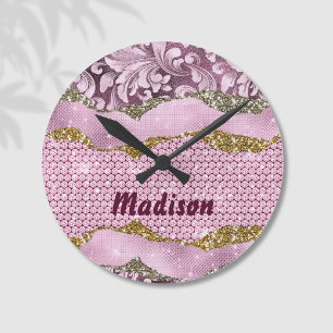Relógio Redondo Gliteria floral Elegante Monograma cor-de-rosa púr