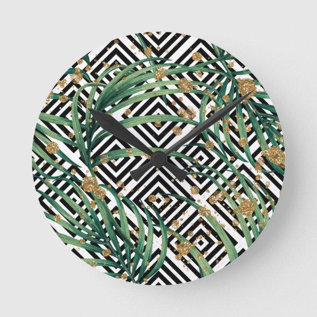 Relógio Redondo Glitor de ouro tropical preto e branco (Frente)