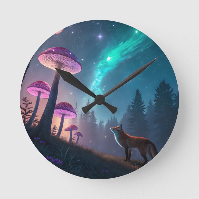 Relógio Redondo Glowing Mushroom Forest Fox Fantasy Art (Frente)