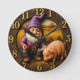 Relógio Redondo Gnome Feeding Pig in Autumn Farm Scene