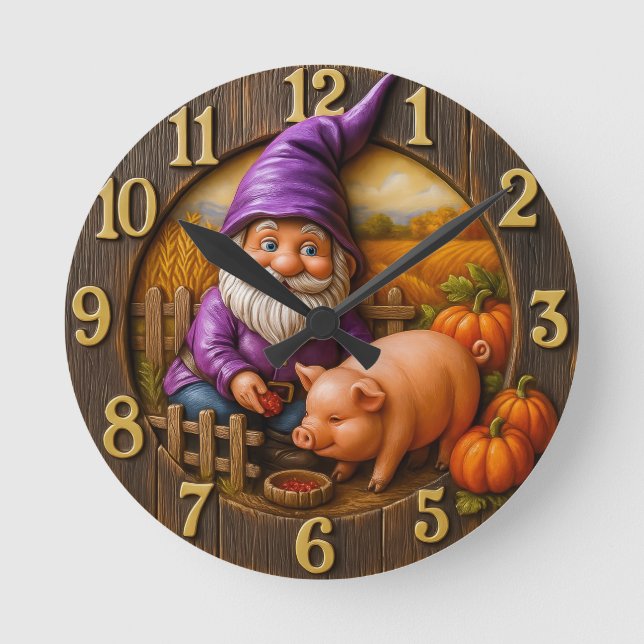 Relógio Redondo Gnome Feeding Pig in Autumn Farm Scene Clock (Frente)