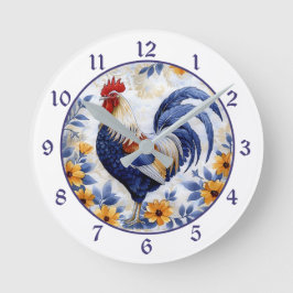 Relógio Redondo Gold Floral Blue Rooster Farmhouse