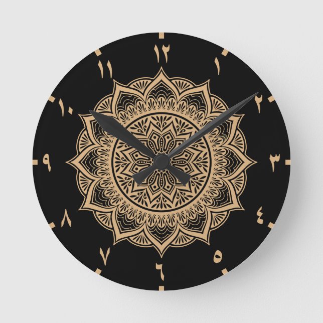 Relógio Redondo Golden Arabic Numbers Mandala (Frente)