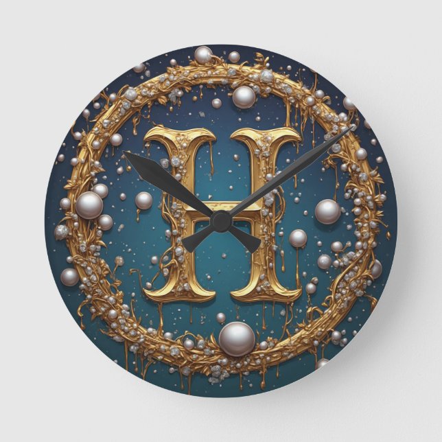 Relógio Redondo Golden Monogram Initial Letter H (Frente)