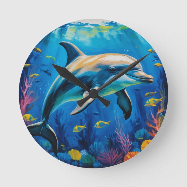 Relógio Redondo Golfinho de Pintura de Petróleo (Frente)