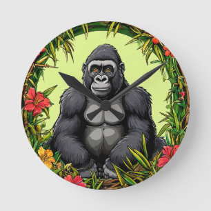 Relógio Redondo Gorila em uma moldura de bambu tropical
