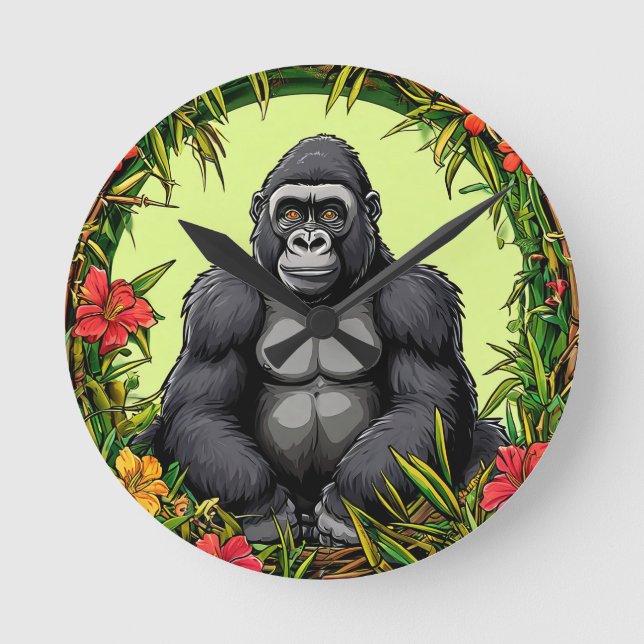 Relógio Redondo Gorila em uma moldura de bambu tropical (Frente)