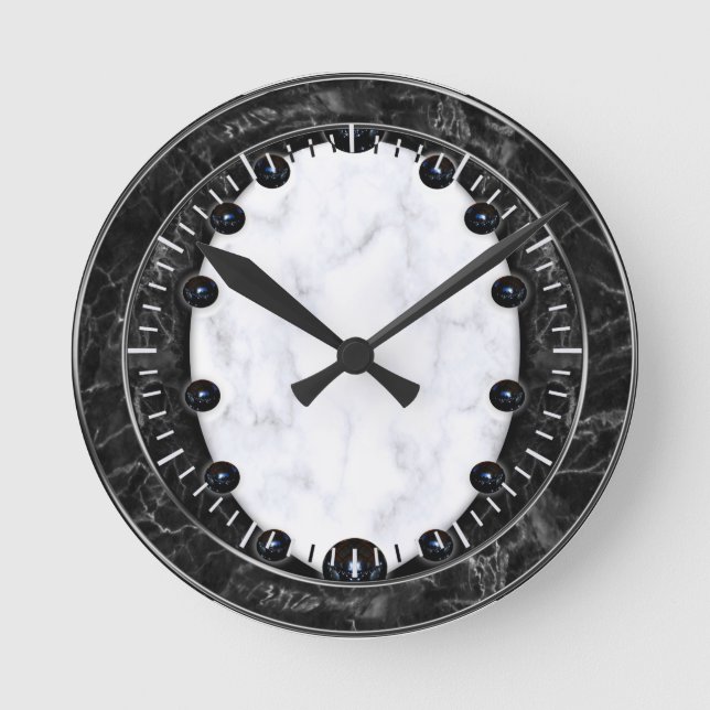 Relógio Redondo Gráficos de Esfera de Marble Branco e Preto (Frente)