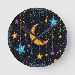 Relógio Redondo Grande lua crescente e numerosas estrelas