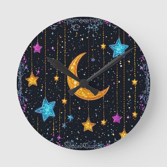 Relógio Redondo Grande lua crescente e numerosas estrelas (Frente)