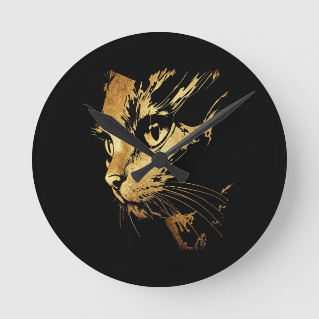 Relógio Redondo Graphique Élégant Chat Noir et Or Texturé (Frente)