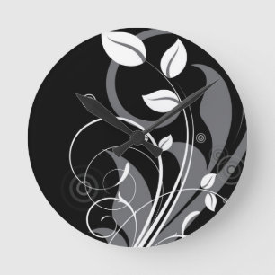 Relógio Redondo Gray Floral Pattern on Black