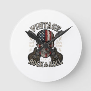 Relógio Redondo Guitarra Vintage Rock Crânio Bandeira Americana Re