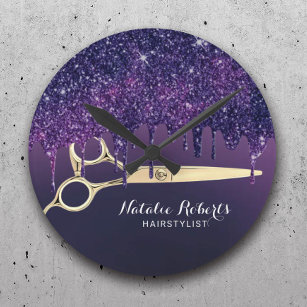 Relógio Redondo Hair Stylist Magic Purple Glitter Drives Salon