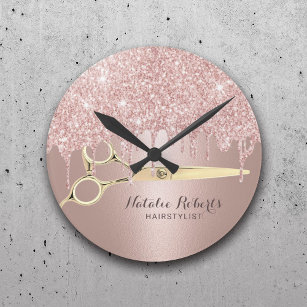 Relógio Redondo Hair Stylist Rosa Glitter Dourado Coloca Salão Mod