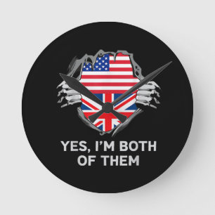 Relógio Redondo Half American Half British USA England Flag Mens W
