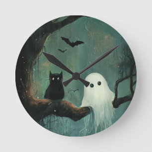 Relógio Redondo Halloween Cat e Ghost