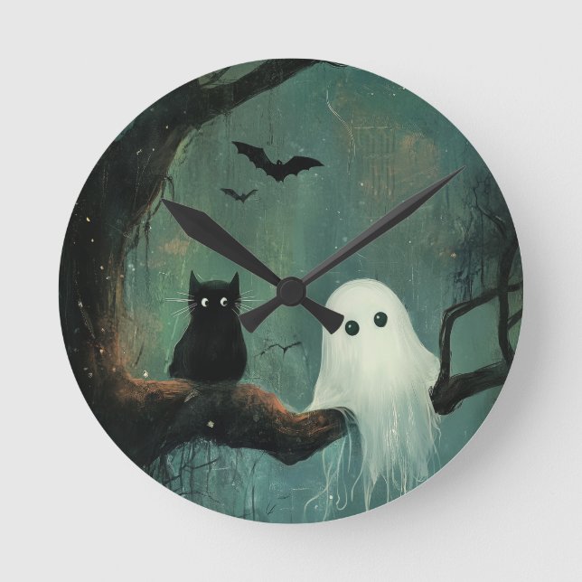 Relógio Redondo Halloween Cat e Ghost (Frente)