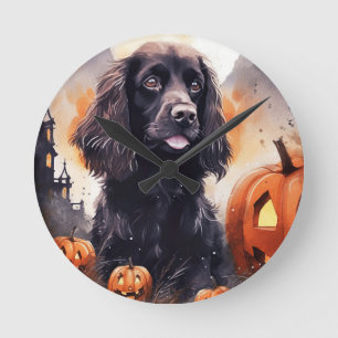 Relógio Redondo Halloween Cocker Spaniel Com Pumpkins