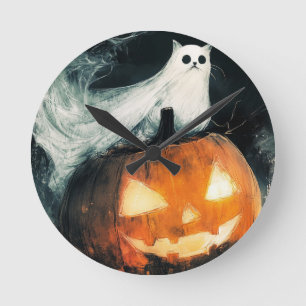 Relógio Redondo Halloween GhostCat e Jack o Lanterna