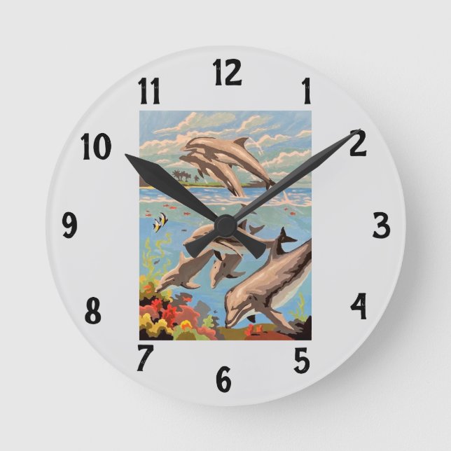 Relógio Redondo Hand Painted By Number | Playful Dolphins | (Frente)