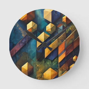 Relógio Redondo Harmonia Geométrica: Cubos Abstratos em Dourado e 