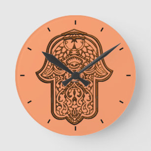 Relógio Redondo Henna Hand of Hamsa (Orange)